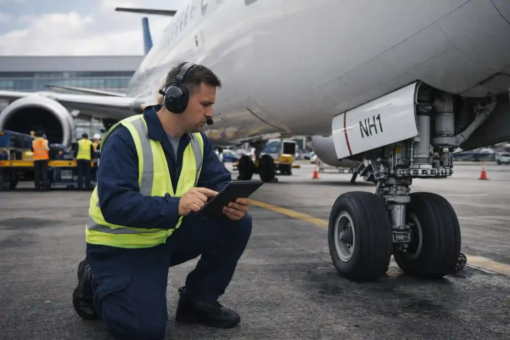 Aircraft Maintenance: A, B, C & D Checks Explained 2 Aviation Maintenance Technician performing a visual inspection of the nose landing gear on a commercial jet on the airport tarmac during a turnaround.