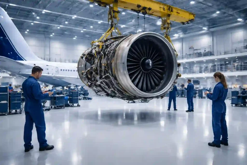 A senior instructor teaching young apprentices about landing gear hydraulics in an aircraft MRO training school.