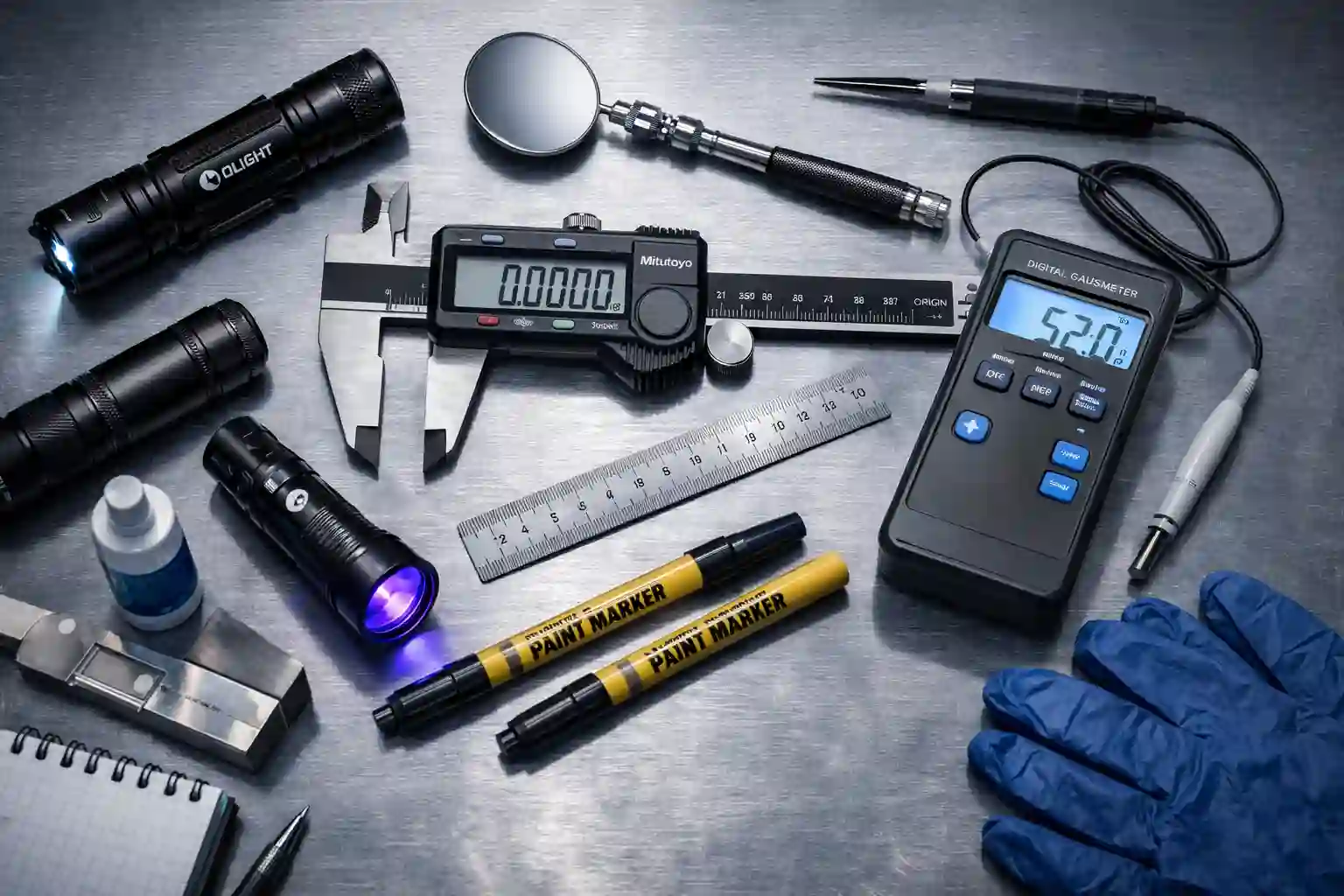 Essential NDT tools laid out on a workbench including calipers and flashlights