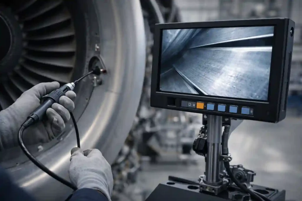 Aircraft Maintenance: A, B, C & D Checks Explained 3 Technician using a borescope camera to inspect the internal turbine blades of a jet engine, with the live video feed visible on a monitor screen.