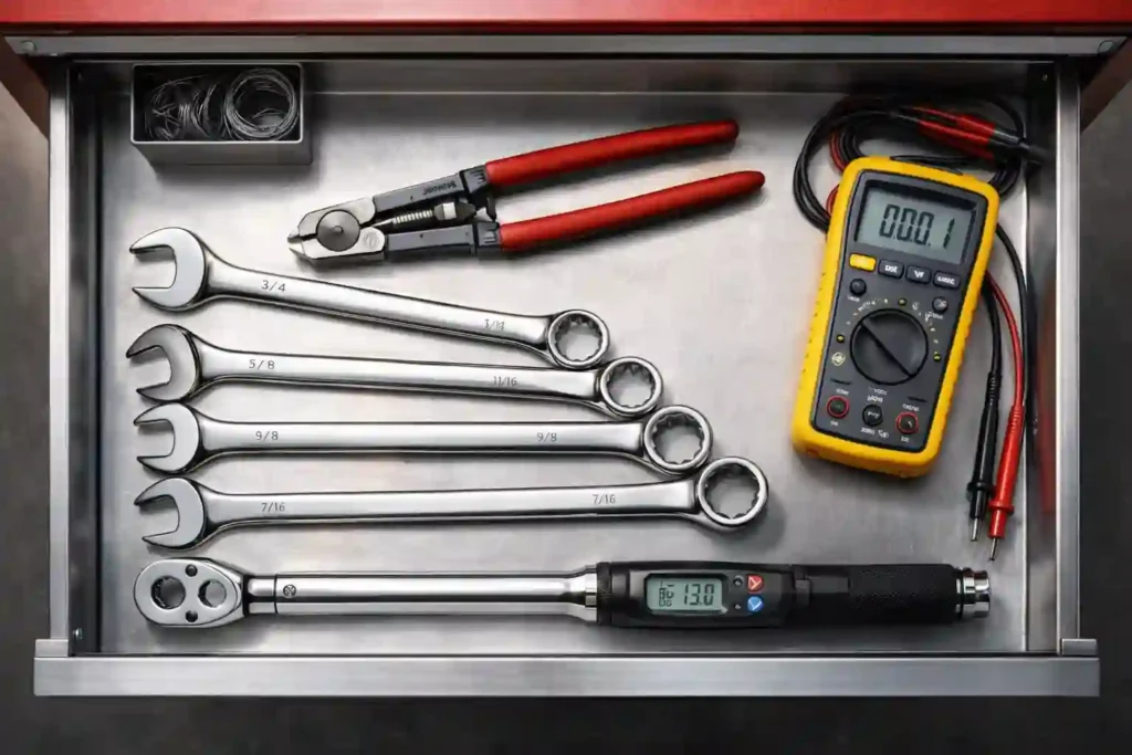Essential aircraft mechanic tools including safety wire pliers, wrenches, and a multimeter.