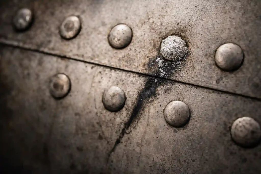 Visual Inspection (VI): Aviation’s First Line of Defense 2 Macro view of aircraft aluminum skin showing corrosion and a "smoking rivet" indicating fatigue cracks.