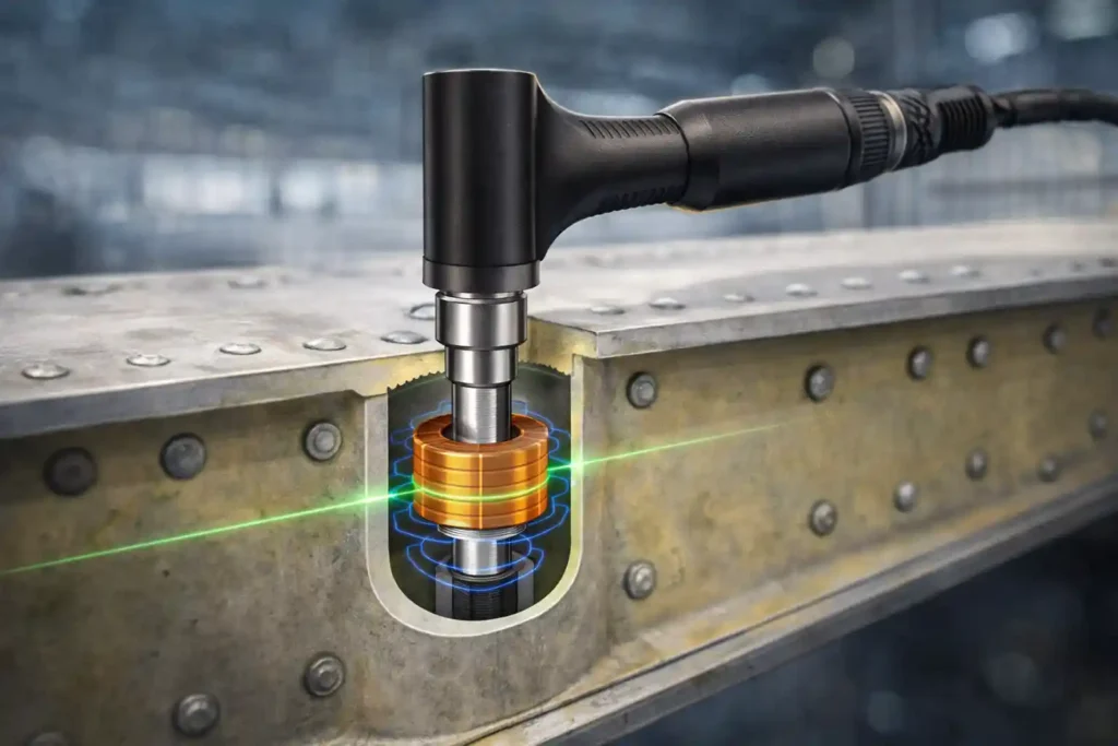 Cross-section technical view of a rotary Eddy Current scanner probe inspecting the inside of an aircraft wing spar bolt hole.