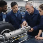 Aircraft MRO Guide: Maintenance, Repair, and Overhaul Explained 7 Engineers working on a suspended jet engine inside a modern aircraft MRO facility.