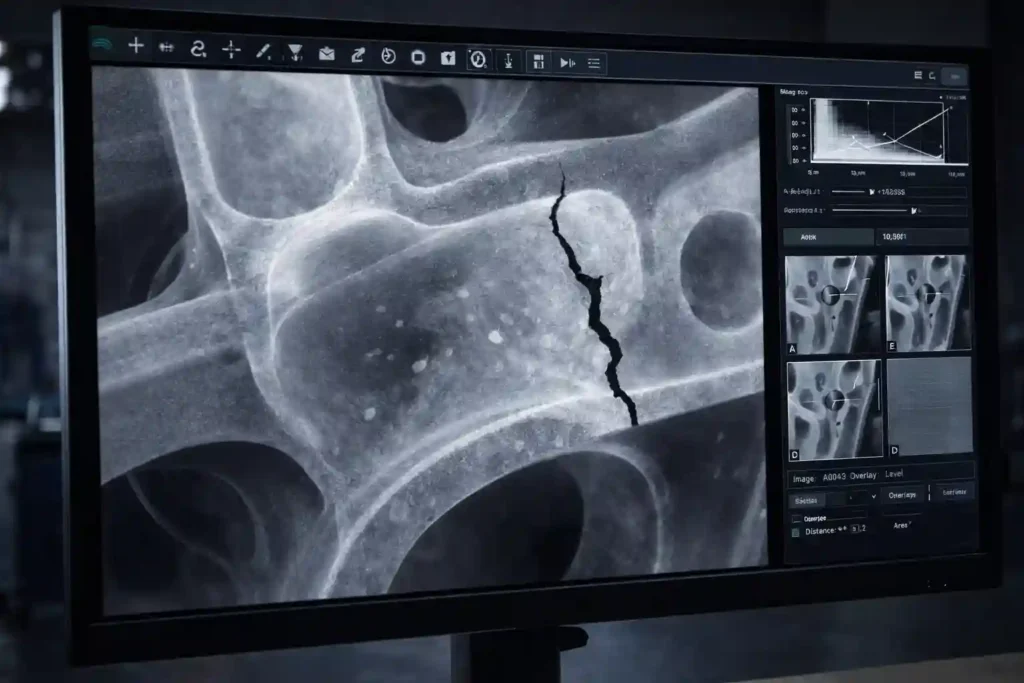 Radiographic Testing: The Aviation X-Ray Guide 2 Digital radiographic image showing internal cracks and porosity in metal