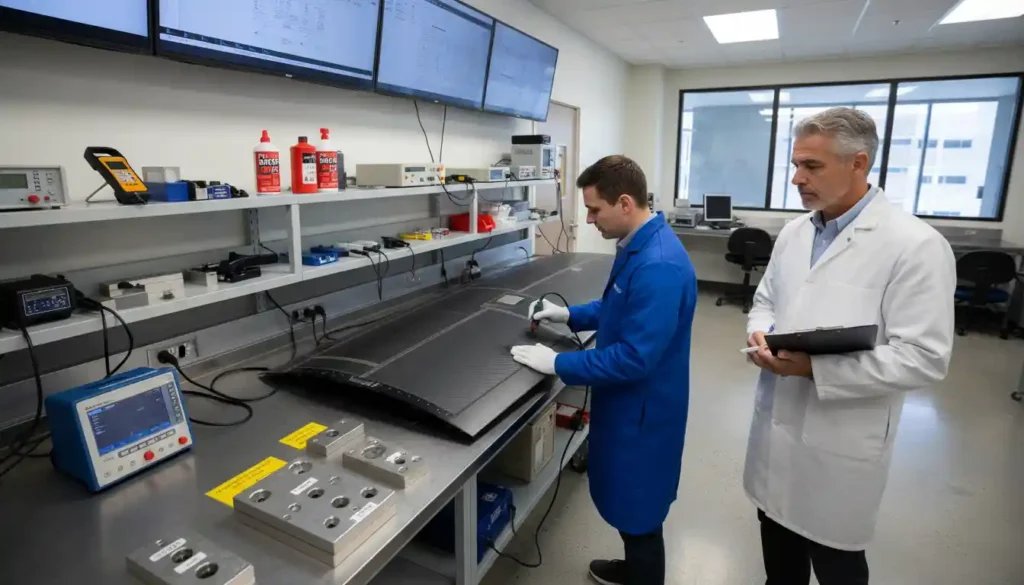 NDT Level 3 candidate undergoing practical evaluation using eddy current testing on aircraft composite wing pane