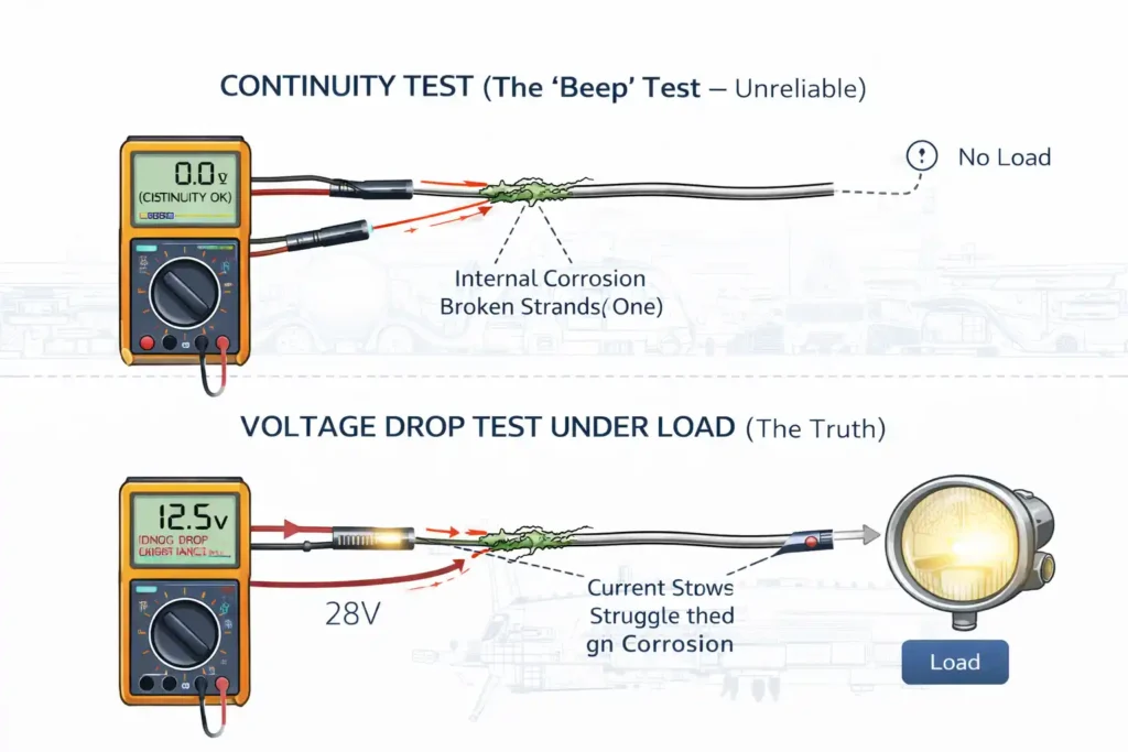 Circuit diagram comparing a continuity test with a voltage drop test in an aircraft electrical system.