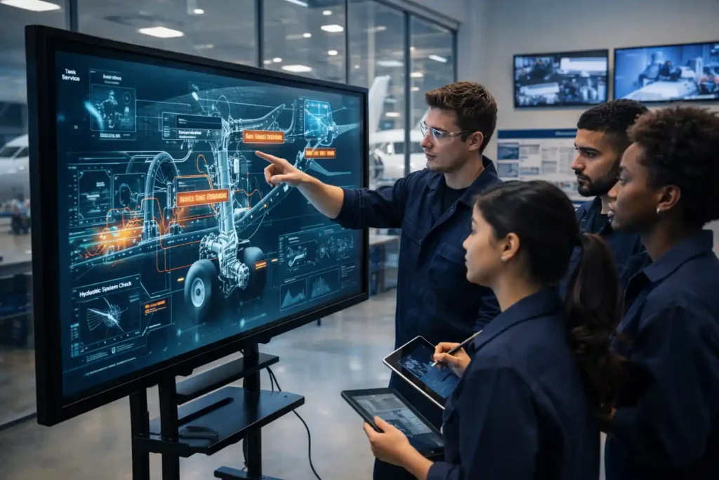The MRO Revolution: 7 Game-Changing Trends Reshaping Aviation Maintenance in 2026 3 Aviation students using digital training systems to learn aircraft maintenance procedures