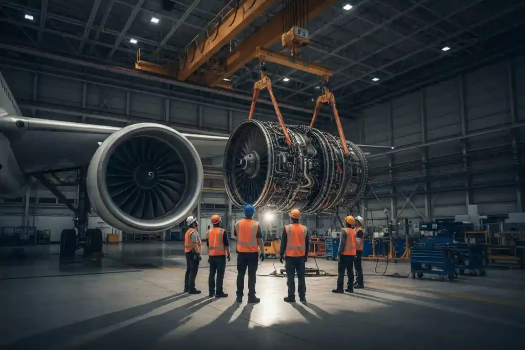 The $100 Million Checkup: Inside Aircraft Heavy Maintenance Visits in the USA (2026 Guide) 6 Commercial aircraft turbofan engine being removed by crane during heavy maintenance D-Check for separate testing and overhaul