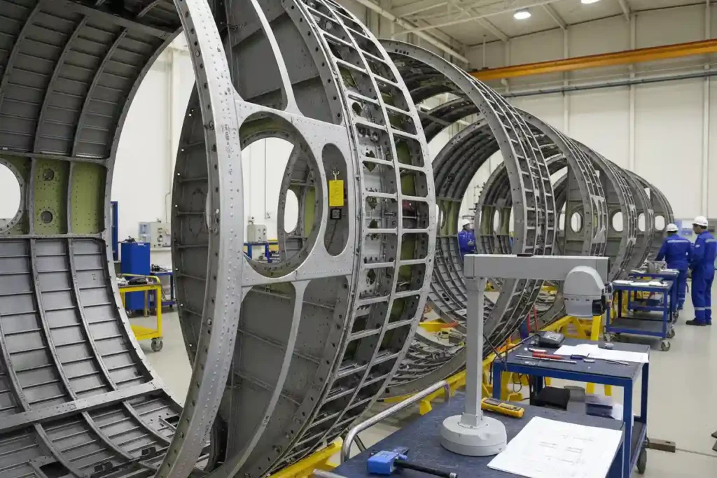 The $100 Million Checkup: Inside Aircraft Heavy Maintenance Visits in the USA (2026 Guide) 4 Detailed view of commercial aircraft fuselage internal structure with exterior skin panels removed. Visible aluminum frame rings, longitudinal stringers, and rivet lines. Inspection access to pressurized cabin wall structure. Technical industrial environment with measurement tools visible. Multiple structural frames in perspective showing fuselage cross-section. Professional aviation maintenance photography, well-lit, high technical detail, documentation quality.