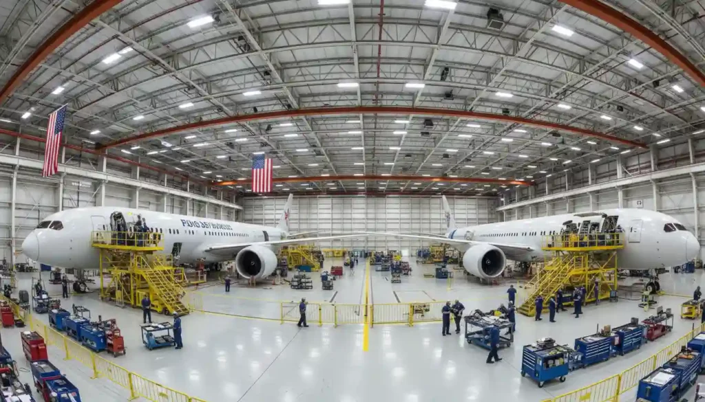 The $100 Million Checkup: Inside Aircraft Heavy Maintenance Visits in the USA (2026 Guide) 7 AAR Mobile Alabama MRO hangar interior showing multiple wide-body aircraft undergoing simultaneous heavy maintenance operations