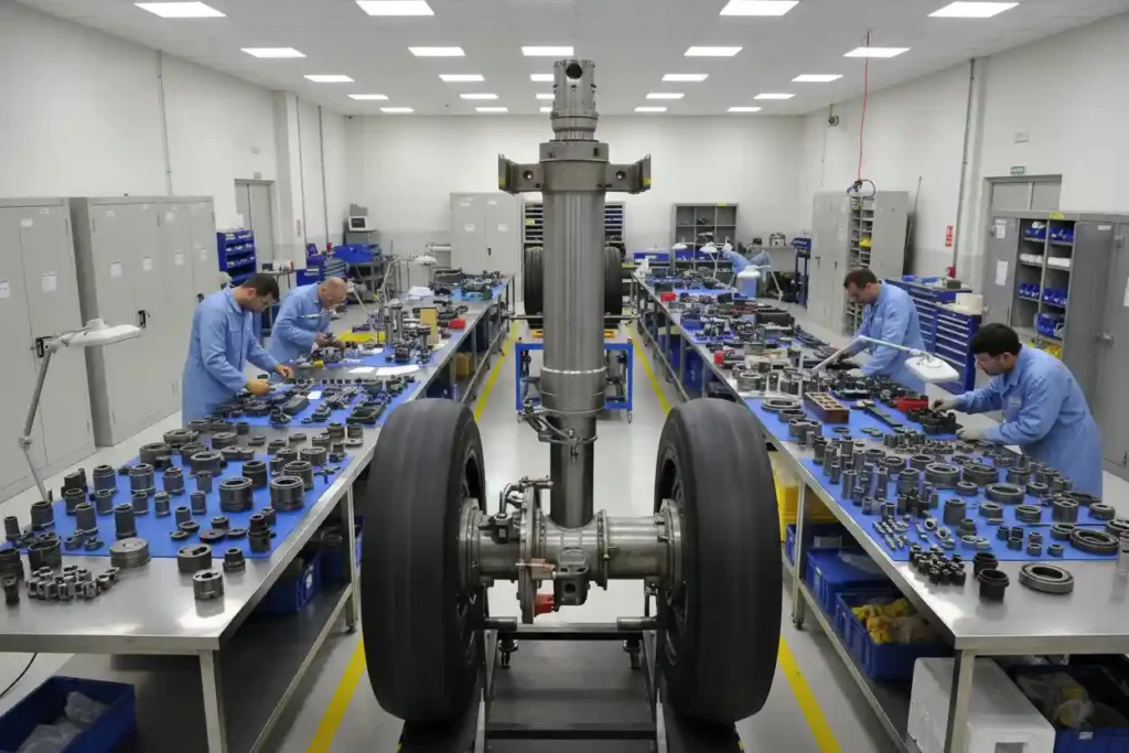 The $100 Million Checkup: Inside Aircraft Heavy Maintenance Visits in the USA (2026 Guide) 5 Boeing 777 main landing gear disassembled for overhaul showing hydraulic cylinders and brake components during D-Check