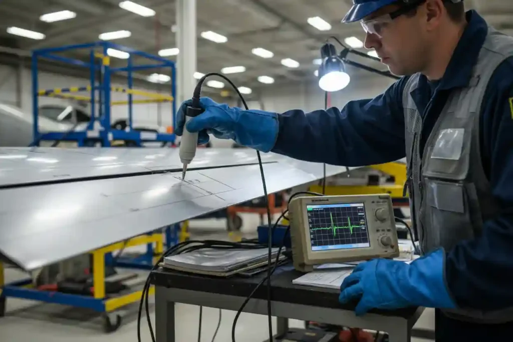 The $100 Million Checkup: Inside Aircraft Heavy Maintenance Visits in the USA (2026 Guide) 3 Aviation technician performing ultrasonic non-destructive testing on aircraft wing structure during D-Check inspection