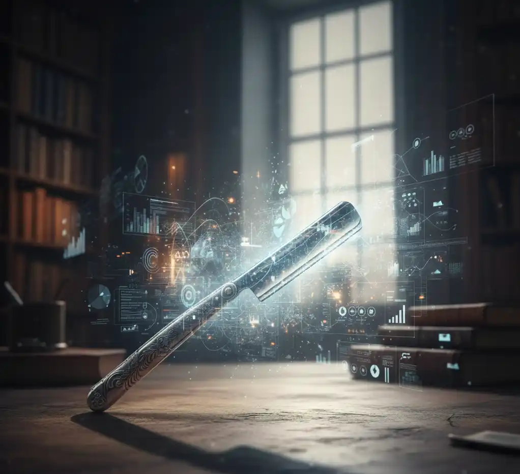 A minimalist and atmospheric hero image featuring a classic straight razor and a complex geometric web, symbolizing the intersection of simplicity and deep logical inquiry.