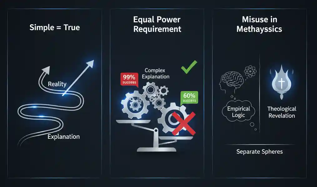 A conceptual image featuring a sharp, metallic straight razor resting on a wooden table next to a complex, glowing network of interconnected nodes and lines, representing the tension between simplicity and multifaceted truth.