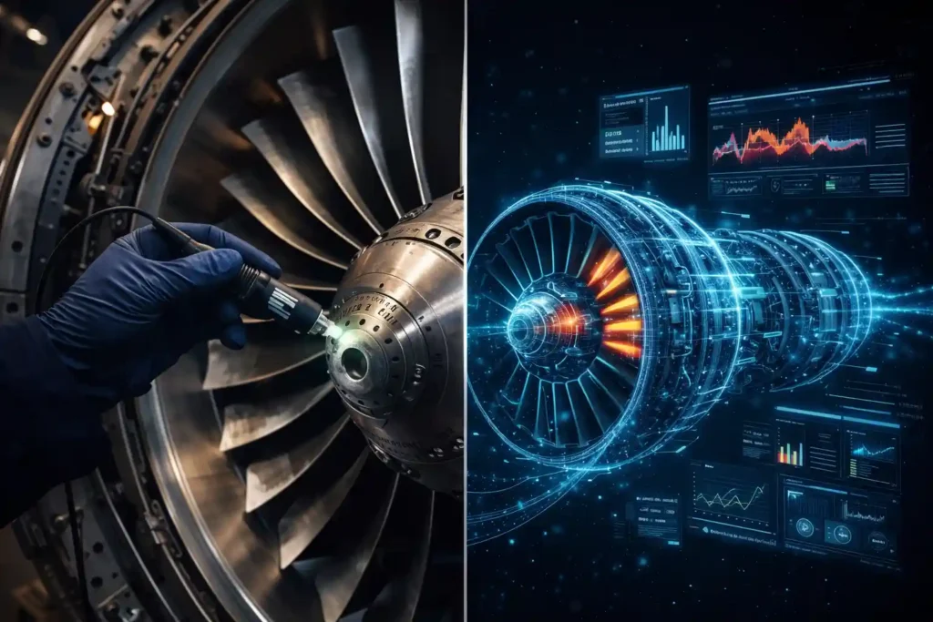 The MRO Revolution: 7 Game-Changing Trends Reshaping Aviation Maintenance in 2026 2 Digital twin technology in aviation showing real jet engine inspection alongside its virtual holographic replica with AI predictive maintenance data