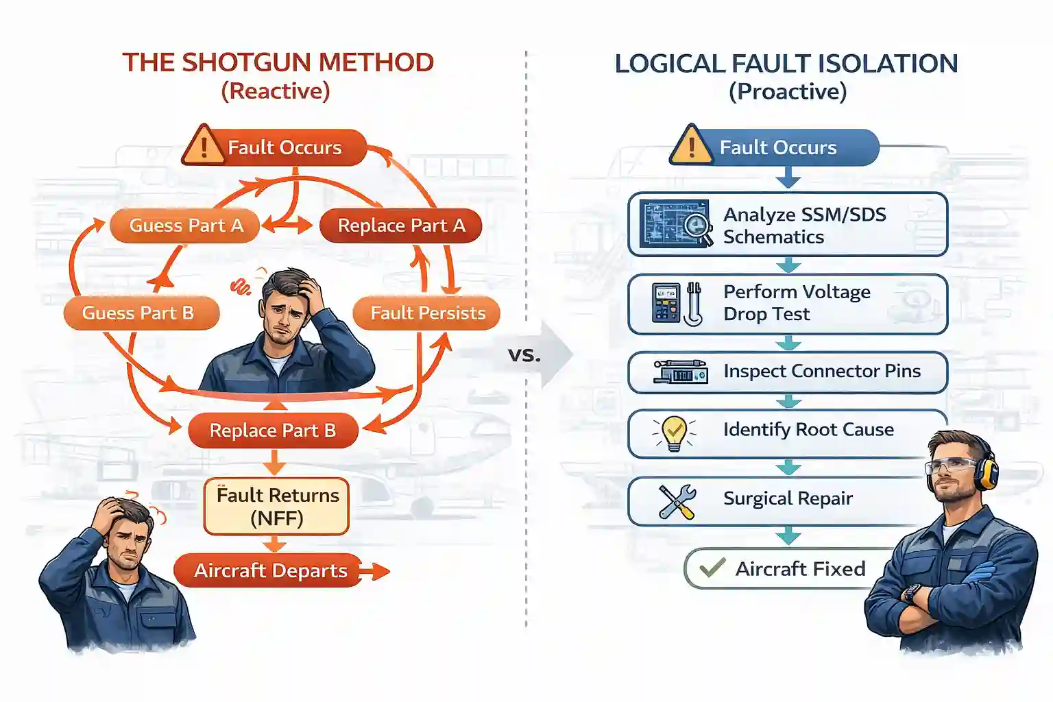 Flowchart comparing shotgunning parts versus logical fault isolation in aircraft maintenance.