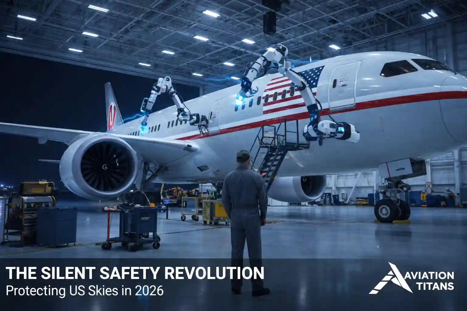 Robotic aircraft maintenance using AI in a modern aviation hangar