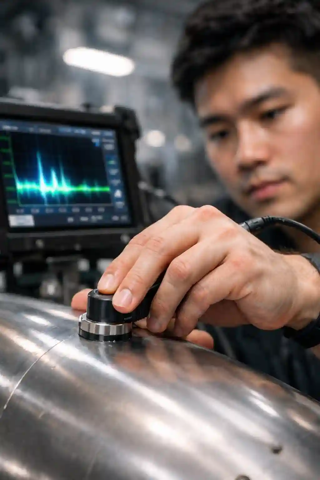 A close-up of an NDT technician using an ultrasonic probe on a silver rocket part with a digital waveform screen in the background.