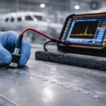 Aircraft Structural Fatigue: The NDT Guide 7 Technician performing eddy current testing along an aircraft wing fastener line in a hangar.