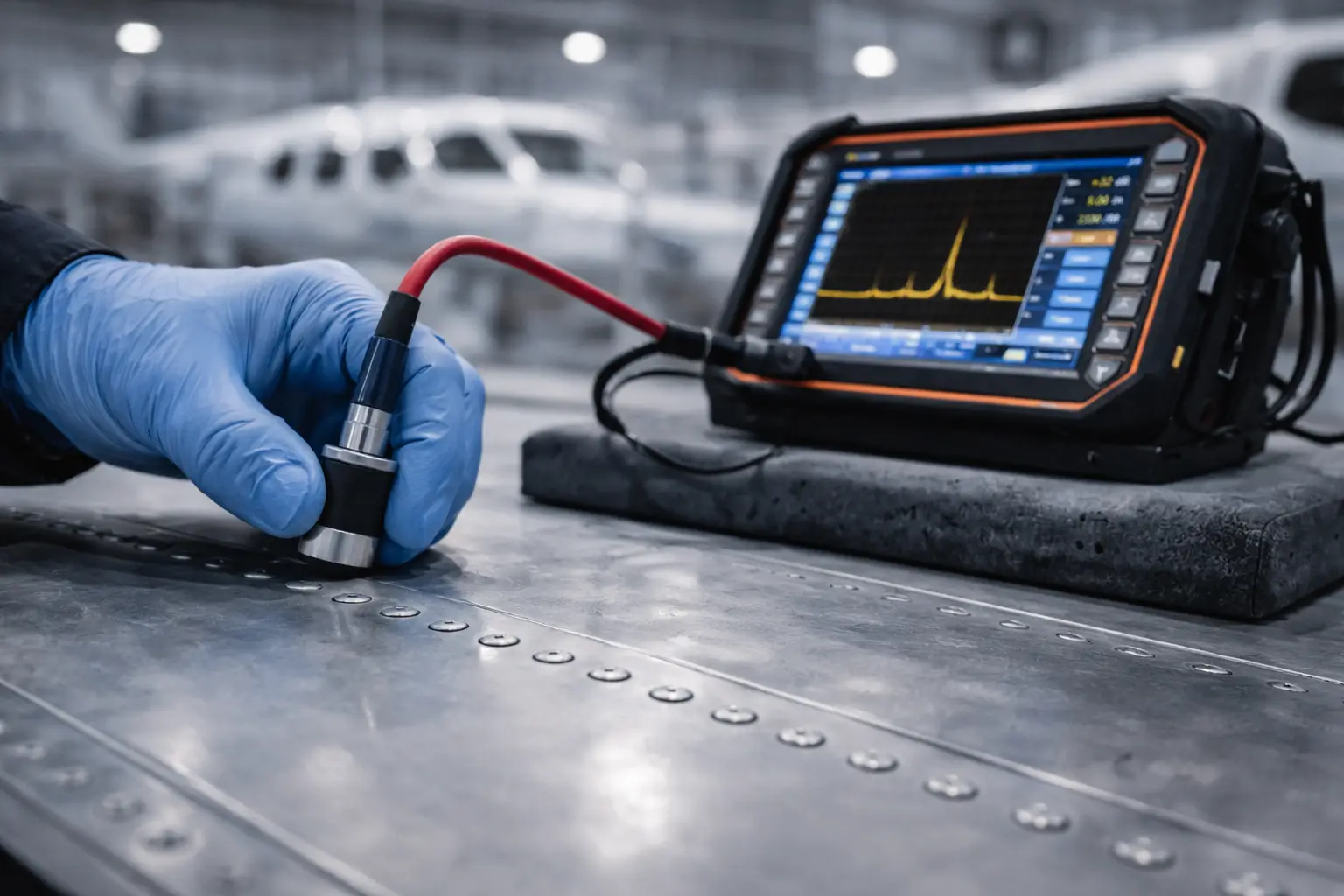Technician performing eddy current testing along an aircraft wing fastener line in a hangar.