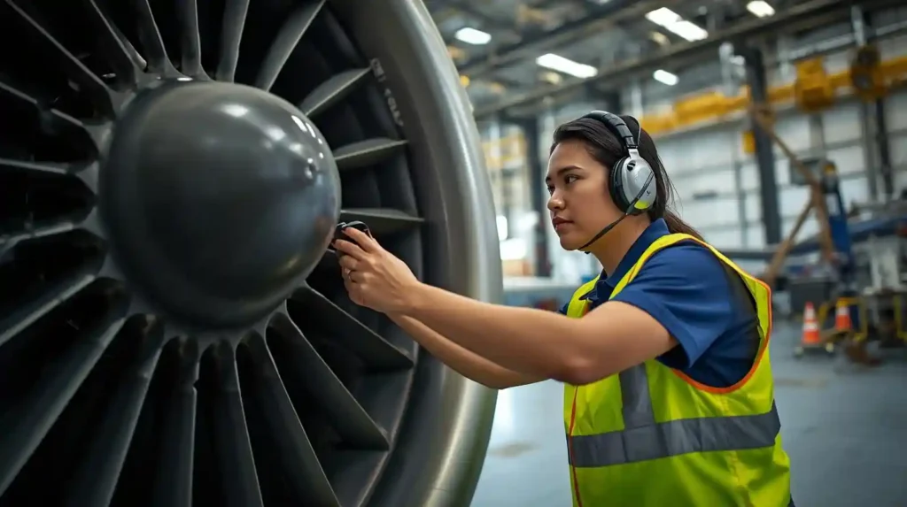 Aircraft maintenance technician inspecting a commercial jet in a modern hangar in the USA


