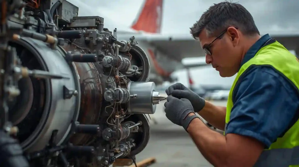 Aircraft mechanic checking jet engine components during routine maintenance

