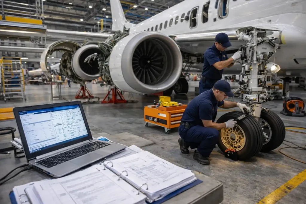 Aircraft mechanics servicing landing gear assembly of commercial jet inside maintenance hangar with diagnostic tools