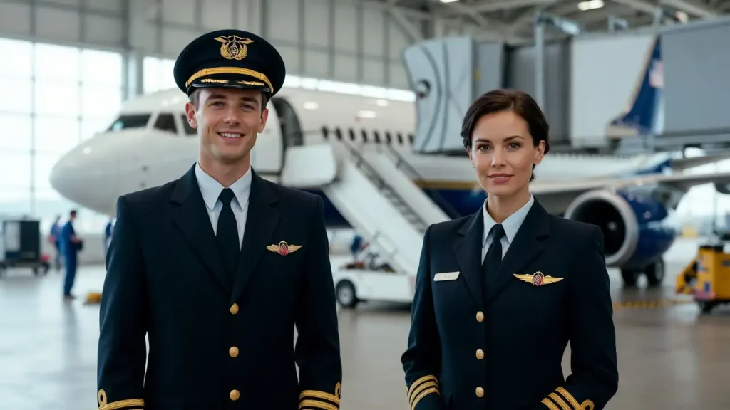 Confident young male and female airline captains in uniforms standing in front of a commercial airplane at an airport gate.