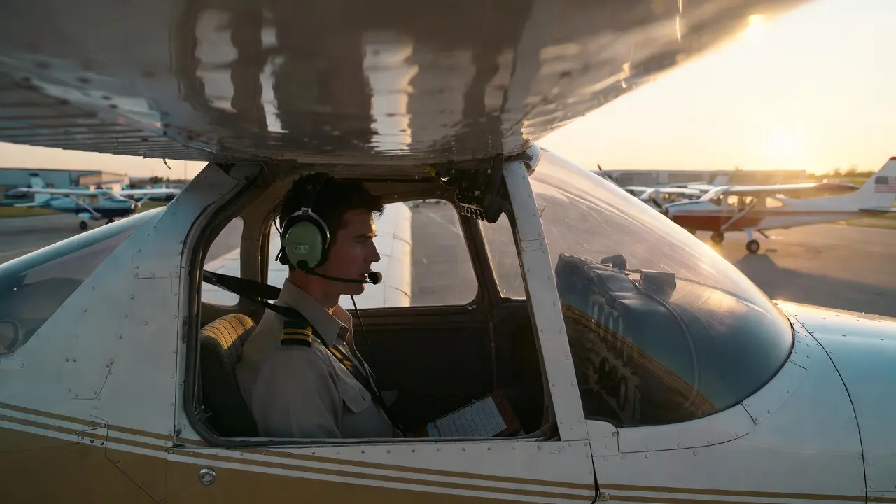 Student pilot in aviation uniform inside Cessna 172 during sunset, overlooking airport ramp.