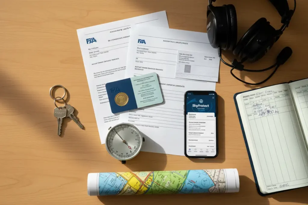 How to Find the Best Aviation Insurance for Student Pilots in the USA? 2 Flat lay of aviation insurance policy, FAA certificates, pilot logbook, and flight training materials on wooden desk