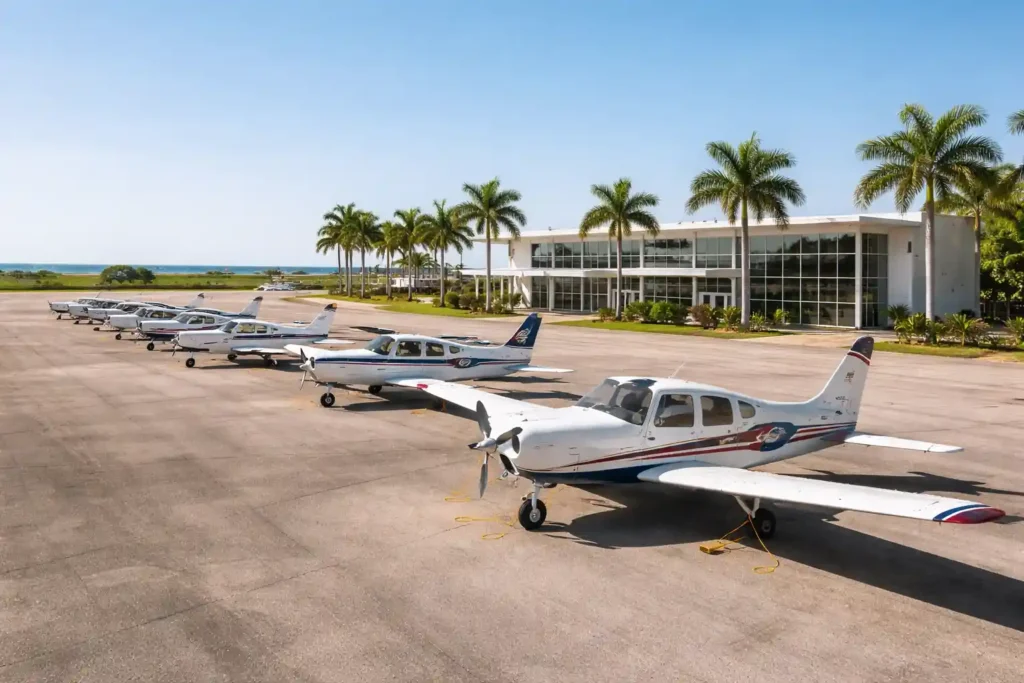 Florida flight school facility with training aircraft on tarmac and modern flight training center building under clear blue skies