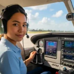 Student pilot in Cessna cockpit during flight training under sunny Florida skies