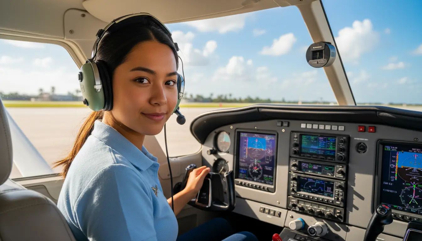 Student pilot in Cessna cockpit during flight training under sunny Florida skies