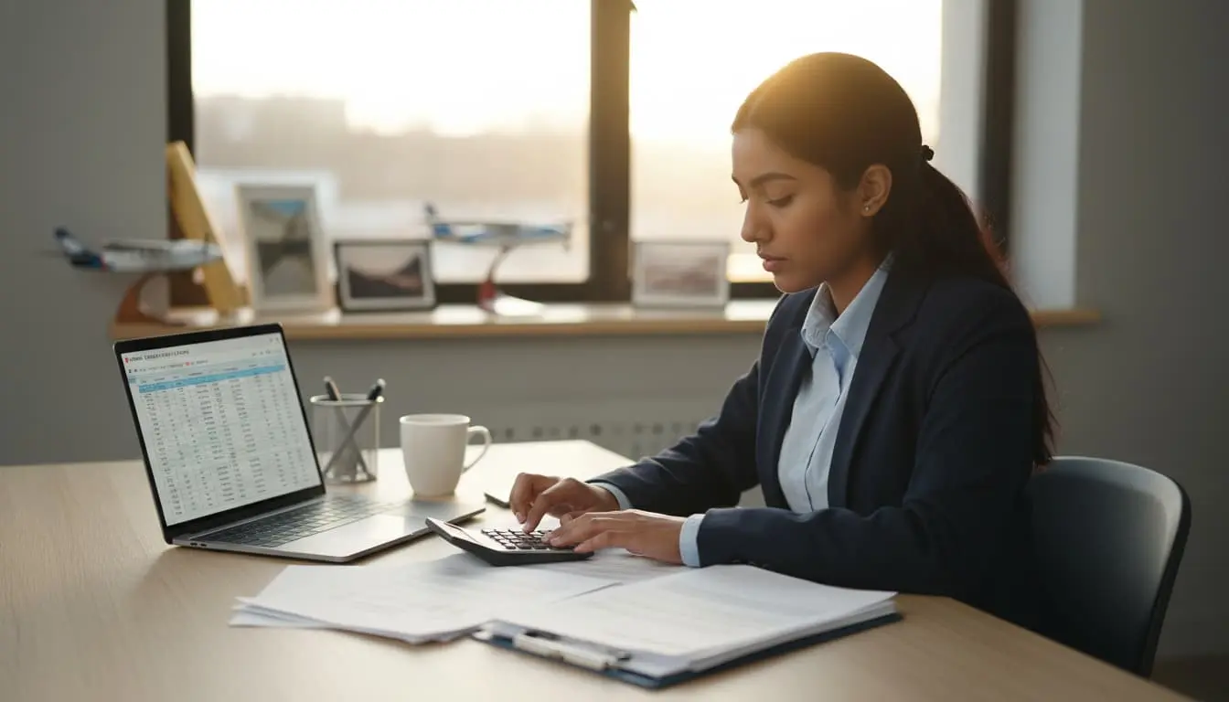 Flight student comparing Meritize and Sallie Mae pilot training loan rates on laptop with aviation charts and calculator