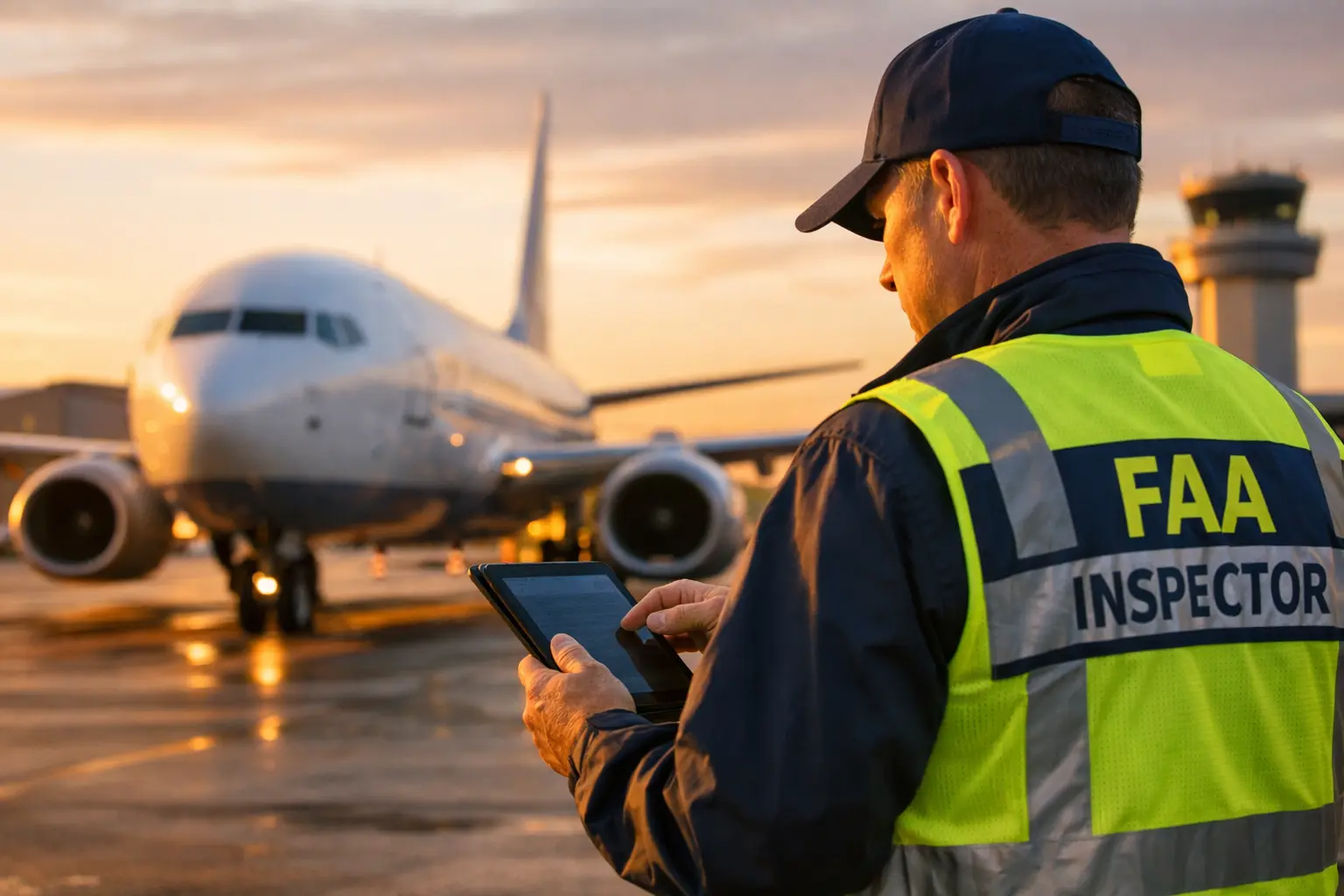FAA inspector performing external aircraft inspection on Boeing 737 at sunrise using tablet on airport tarmac