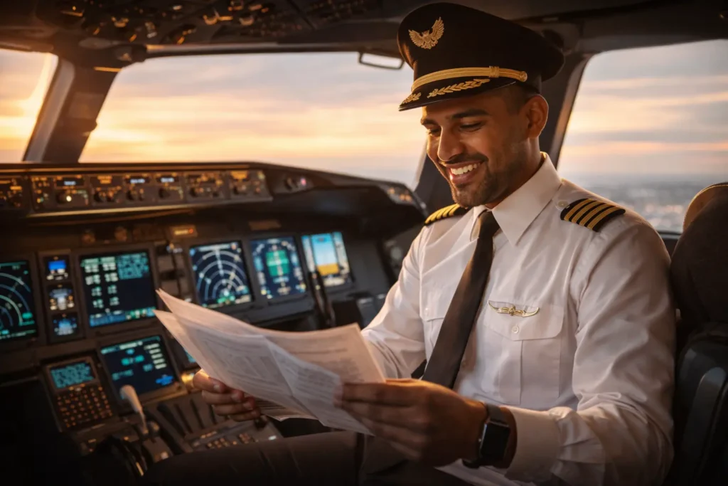 Professional airline pilot in cockpit representing successful career outcome after completing flight training with student loan financing