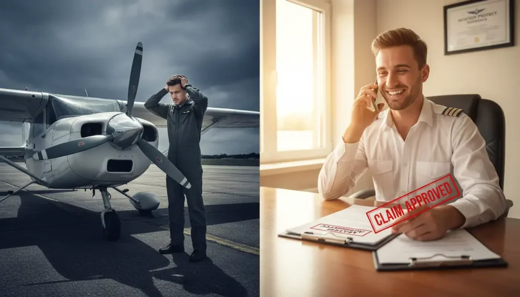 How to Find the Best Aviation Insurance for Student Pilots in the USA? 3 Side-by-side comparison showing stressed pilot with damaged uninsured aircraft versus confident pilot with approved insurance claim