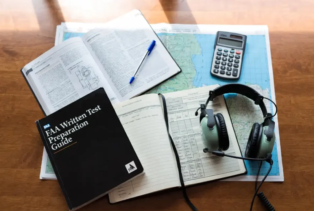Flat lay of aviation study materials on desk, featuring FAA prep guide, open logbook, green headset, map, pen, and calculator.
