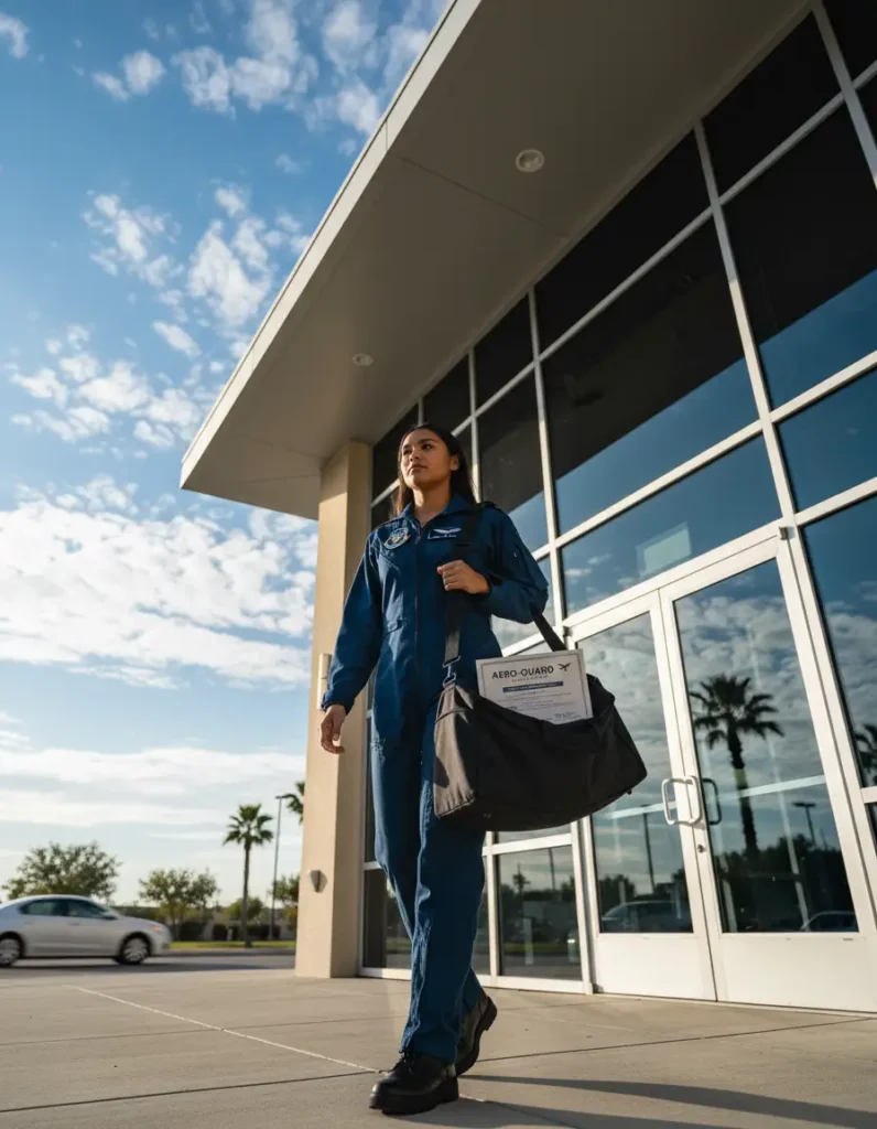 How to Find the Best Aviation Insurance for Student Pilots in the USA? 4 Female student pilot walking confidently toward flight school with insurance documents secured in flight bag